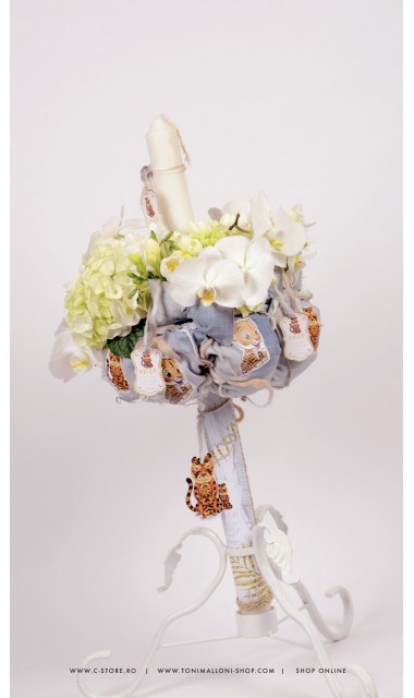 Lumanare de botez cu flori naturale si jucarie tigru, 65x4 cm, Little tiger 3